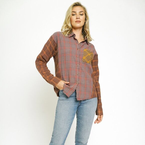 MYSTREE FRAYED EDGE MIX PLAID SHIRT - Picture 3 of 6